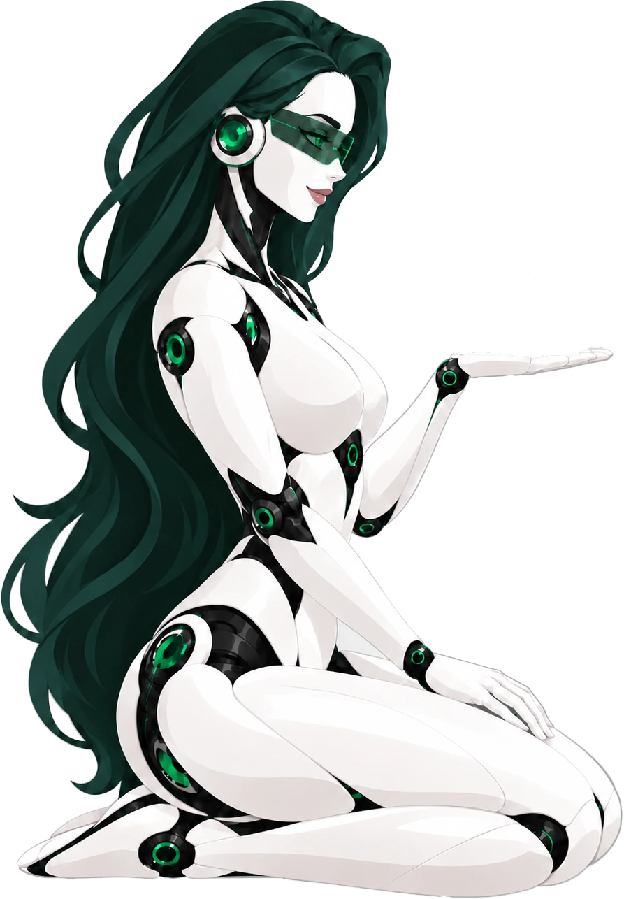 The heroine kneeling, holding a small black cat made of code on her palm
